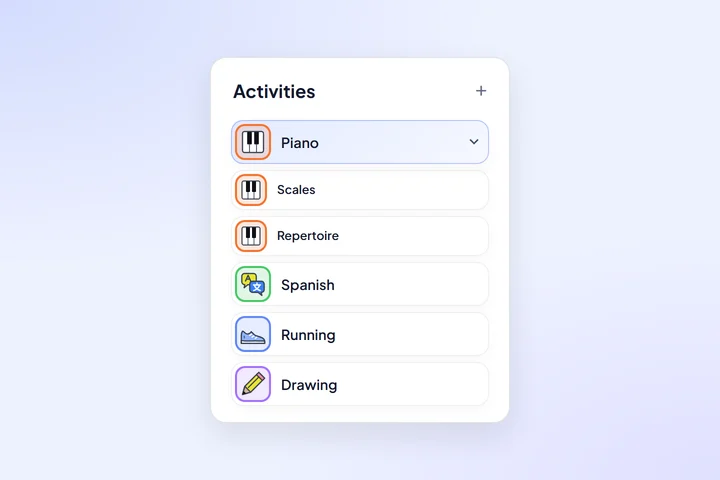 Activities list with Piano and its parts Scales and Repertoire, Spanish, Running and Drawing