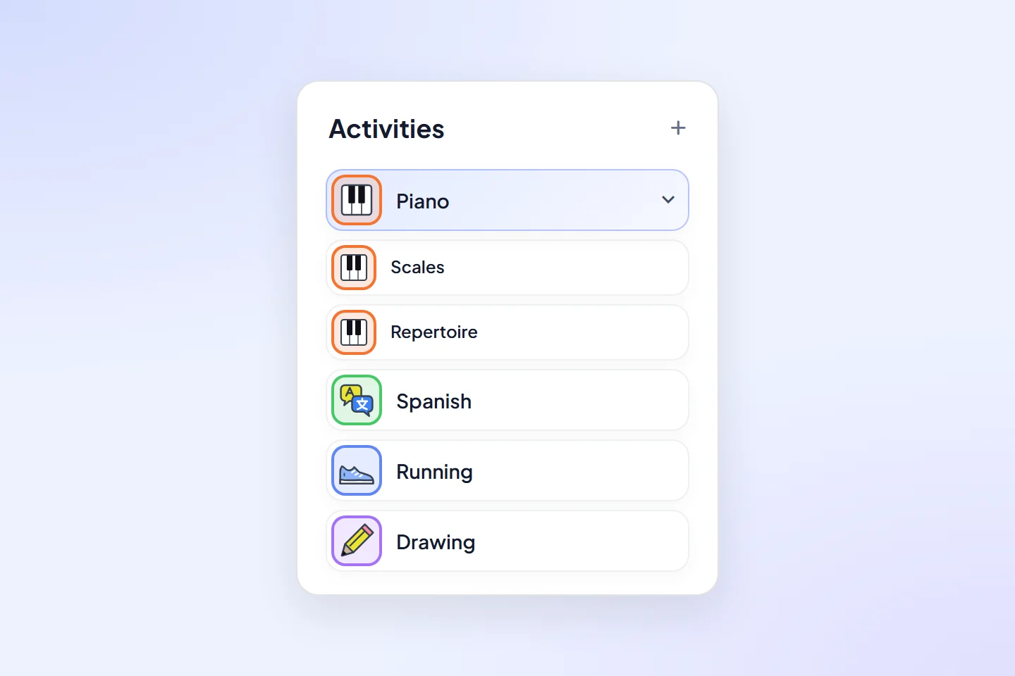 The 10k activity list with Piano and its sub-activities, followed by Spanish, Running and Drawing.